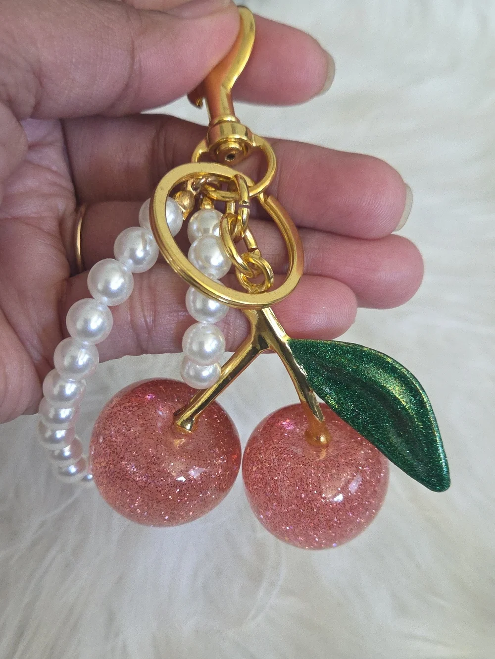 Gold Pearl Cherry Keychain Bag Charm - Pink Cherries